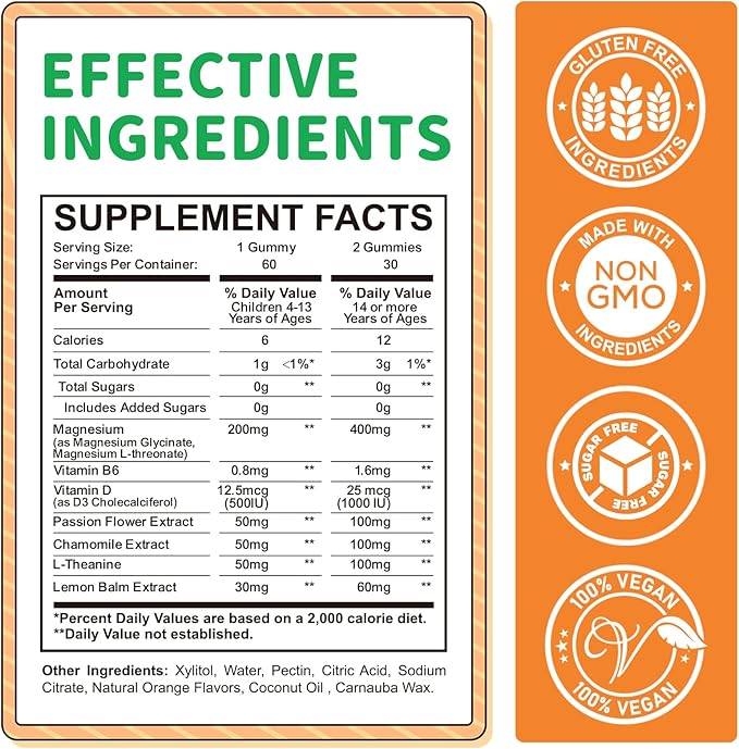 Magnesium Gummies for Kids - Magnesium Glycinate, L-Threonate Supplement with L-Theanine, Vitamin B6, D3 for Adults & Kids, Calm Magnesium for Sleep, Relaxation, Brain, Bones,Sugar Free Orange 120ct