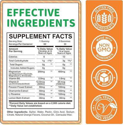 Magnesium Gummies for Kids - Magnesium Glycinate, L-Threonate Supplement with L-Theanine, Vitamin B6, D3 for Adults & Kids, Calm Magnesium for Sleep, Relaxation, Brain, Bones,Sugar Free Orange 120ct