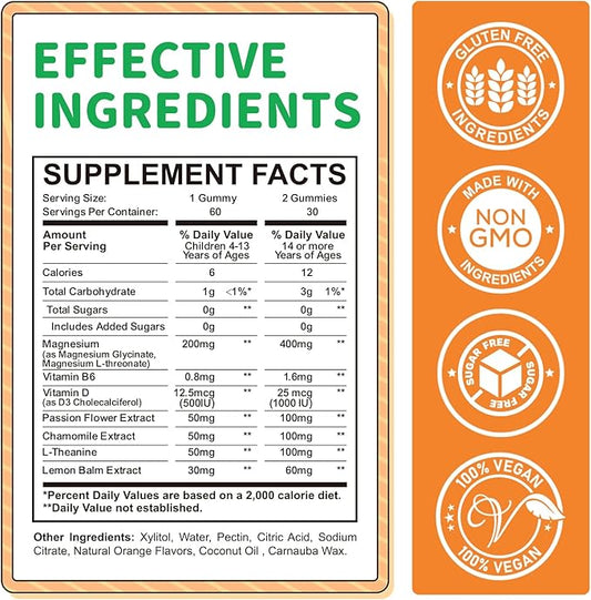 Magnesium Gummies for Kids - Magnesium Glycinate, L-Threonate Supplement with L-Theanine, Vitamin B6, D3 for Adults & Kids, Calm Magnesium for Sleep, Relaxation, Brain, Bones, Sugar Free Orange 60ct