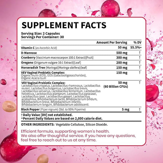 VEV Women’s Vaginal Probiotics + Prebiotics, 60 Billion CFUs, 19 Strains with D-Mannose, Cranberry, Supports Digestive, Vaginal and Feminine Wellness, Easy to Swallow, 120 Capsules (60-Day Supply)