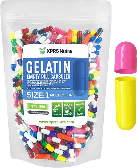 XPRS Nutra Size 1 Empty Capsules - 500 Count Empty Gelatin Capsules - Empty Pill Capsules - DIY Capsule Filling - Pure Bovine Pill Capsules Empty Gel Caps (Multi Color)