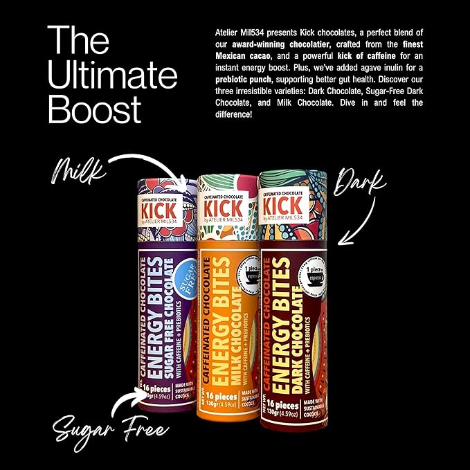 KICK Milk Chocolate Energy Bites (16 bites) - Caffeine Boost, Prebiotic Enhanced, Artisan Crafted