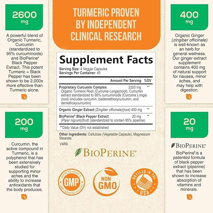 Turmeric Curcumin with BioPerine & Ginger 95% Curcuminoids 2600mg - 180 Capsules