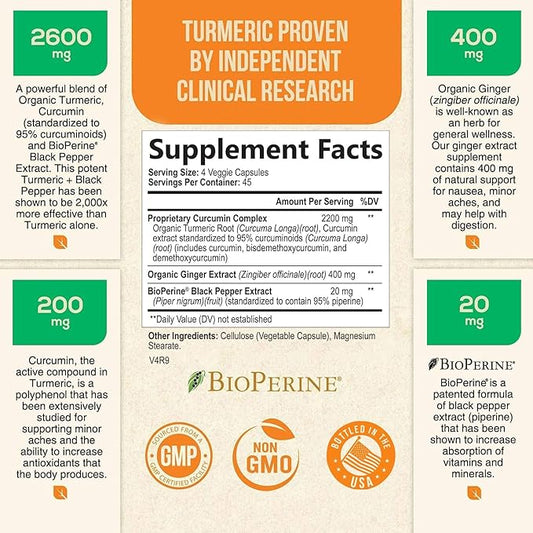 Turmeric Curcumin with BioPerine & Ginger 95% Curcuminoids 2600mg - 180 Capsules