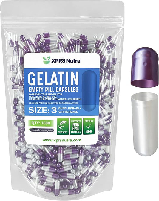 XPRS Nutra Size 3 Empty Capsules - 1000 Count Empty Gelatin Capsules - Empty Pill Capsules - DIY Capsule Filling - Pure Bovine Pill Capsules Empty Gel Caps (Pearl Purple/White)