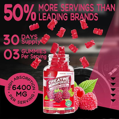Creatine Monohydrate Gummies Complex 6400mg for Men & Women -Advanced Formula W/L-Taurine + Vitamin B12, Sugar Free Chewable Supplement,180 Raspberry Gummies 2pack