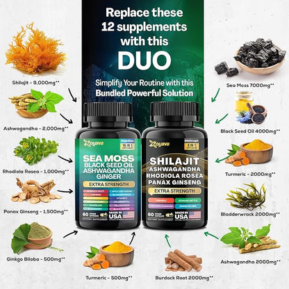 Zoyava Dynamic Vitality Bundle, Sea Moss 7000mg, Black 4000mg, Ashwagandha 2000mg, Ginger 9000mg, Rhodiola 1000mg, Panax (60 Count)