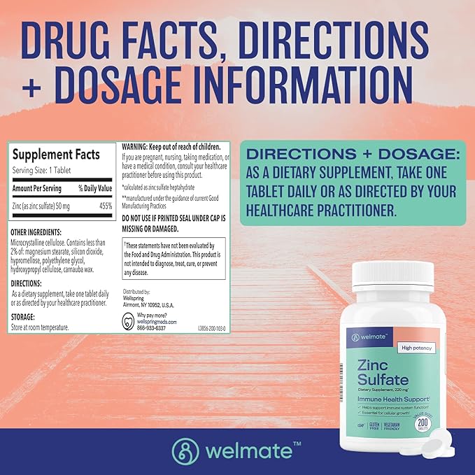 WELMATE Zinc Sulfate 220mg | Dietary Supplement | Immune Health Support | 200 Count Tablets
