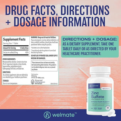 WELMATE Zinc Sulfate 220mg | Dietary Supplement | Immune Health Support | 200 Count Tablets