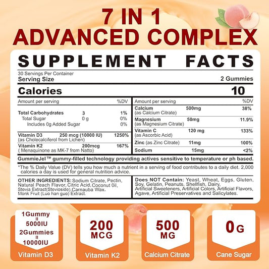 Sugar-Free Vitamin D3 K2 Filled Gummies 5000IU / 10,000 IU 500mg Calcium K2 (MK-7) (MK-7) 200mcg, 200mcg, Magnesium