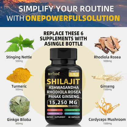 Shilajit Capsules Himalayan 8-in-1 Concentrated Organic, 15250mg of 60 Caps, 30 Day
