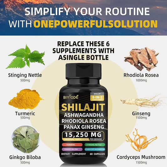 Shilajit Capsules Himalayan 8-in-1 Concentrated Organic, 15250mg of 60 Caps, 30 Day