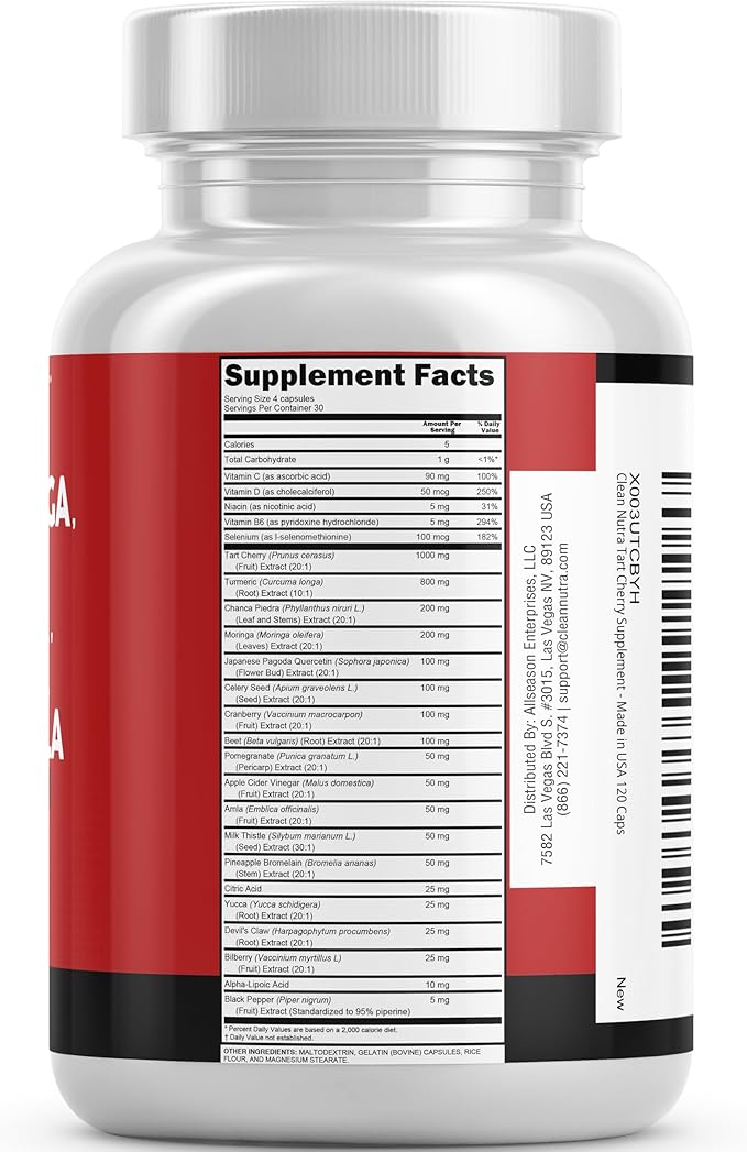 Clean Nutraceuticals Tart Cherry Extract Capsules with Turmeric Moringa Cranberry Chanca Piedra Celery Quercetin ACV Pomegranate L Selenomethionine - Uric Levels - 120 Ct