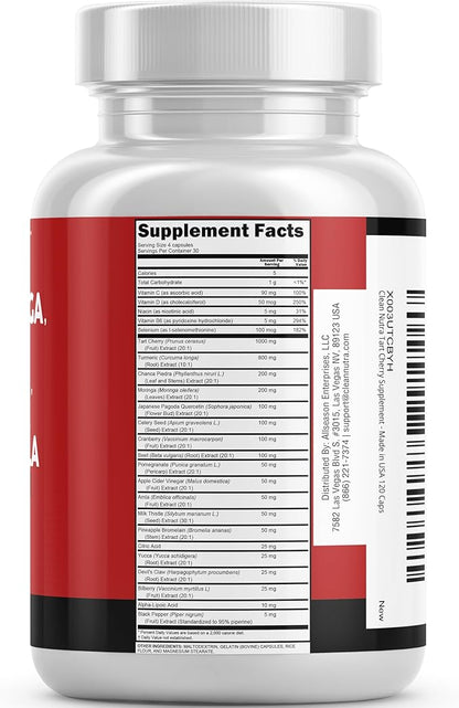Clean Nutraceuticals Tart Cherry Extract Capsules with Turmeric Moringa Cranberry Chanca Piedra Celery Quercetin ACV Pomegranate L Selenomethionine - Uric Levels - 120 Ct