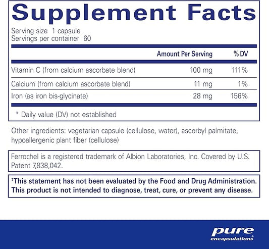 Pure Encapsulations OptiFerin-C - for Red Blood Cells & Energy - Iron Absorption Support - Energy Supplement* - Vitamin C Enriched - Gluten Free & Non-GMO - 60 Capsules