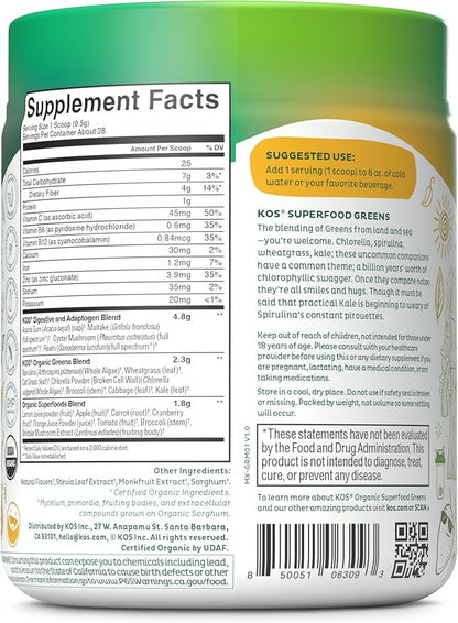KOS Organic Superfood Greens Powder 28 Servings