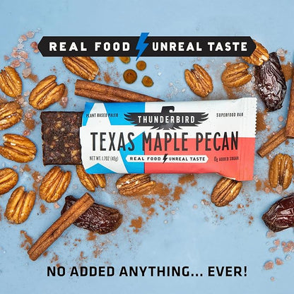 Thunderbird Bars Energy Snack, Gluten-Free with Protein, Healthy Real Food, Vegan Paleo Non-GMO, No Added Sugar, Texas Maple Pecan Flavor (12 Count, 1.7 oz. Bars)