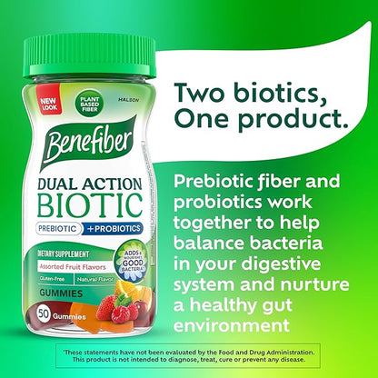 Benefiber Prebiotic Fiber Supplement Gummies with Probiotics for Digestive Health, Assorted Fruit Flavors - 50 Count