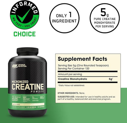 Optimum Nutrition Micronized Creatine Monohydrate Powder, Unflavored, Keto Friendly, 120 Servings (Packaging May Vary)