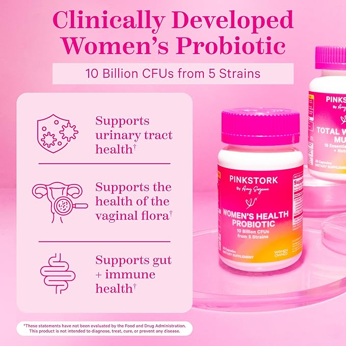 Pink Stork Women's Probiotics for Vaginal Health - 10 Billion CFUs for pH Balance, Urinary Tract, Gut Flora & Immune Health - Supports Vaginal Odor + Healthy Microbiome - 5 Strains - 30 Capsules