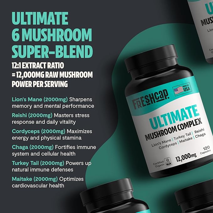 FreshCap Ultimate Mushroom Supplement 12,000mg - Mushroom Complex Capsules, Organic Mushrooms Supplement, Mushroom Extract, Ayurveda Mushroom Blend Nootropic (120 Capsules)