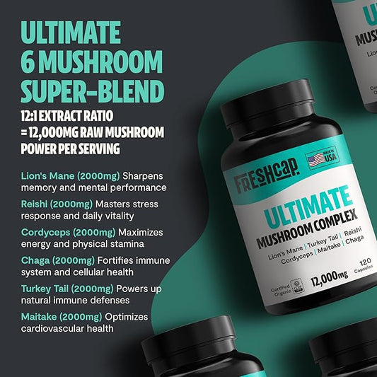FreshCap Ultimate Mushroom Supplement 12,000mg - Mushroom Complex Capsules, Organic Mushrooms Supplement, Mushroom Extract, Ayurveda Mushroom Blend Nootropic (120 Capsules)