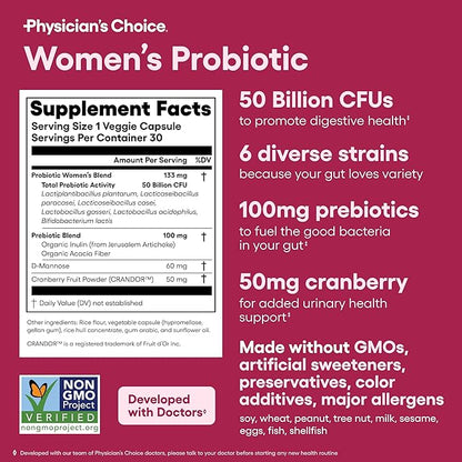 Physician's CHOICE Probiotics for Women - PH Balance, Digestive, UT, & Feminine Health - 50 Billion CFU - 6 Unique Strains for Her - Organic Prebiotics, Cranberry Extract+ - Women Probiotic - 30 CT