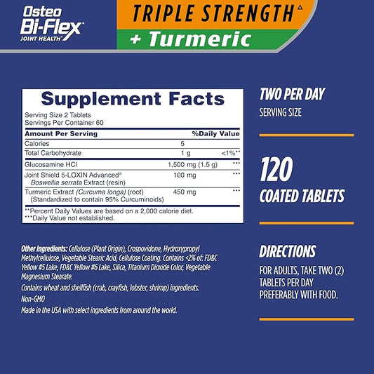 Osteo Bi-Flex Glucosamine Triple Strength Plus Turmeric Supplement with Curcumin for Joint Support and Range of Motion, 60 Day Supply, 120 Coated Tablets, Joint Health Nutritional Supplements