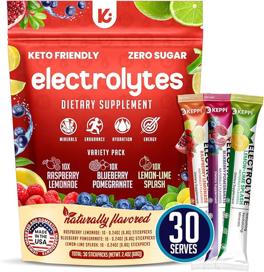 Keppi Keto Electrolytes Powder No Sugar - Made in USA - Advanced Hydration & Recovery - Raspberry Lemonade, Blueberry Pomegranate & Lemon Lime Flavors