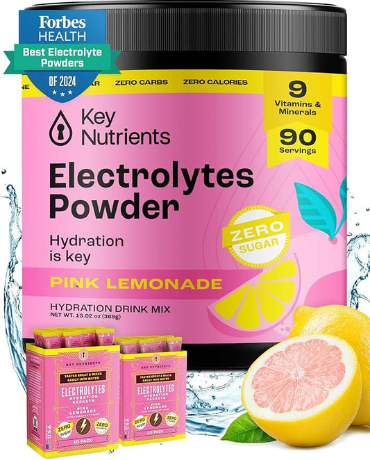 KEY NUTRIENTS Multivitamin Electrolytes Powder No Sugar - Fresh Pink Lemonade Electrolyte Powder - Endurance & Energy Supplement - Hydration Powder - No Calories - 90 Servings - Made in USA