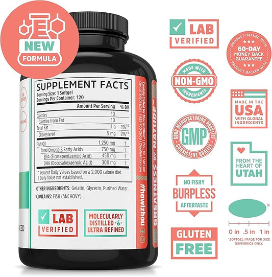 Zhou Nutrition Fish Oil, Max Strength 3 Fish 1250 mg 120 Servings