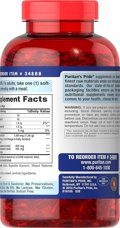 Puritan's Pride Triple Strength Omega-3 Fish 1360 Mg (950 Mg Omega-3), 240 240 Count,