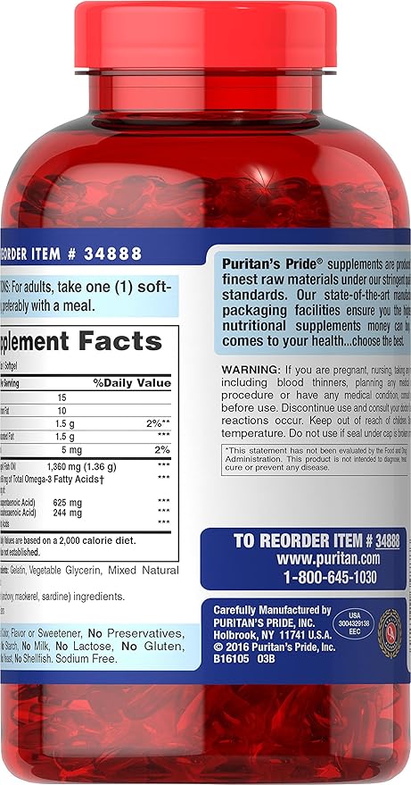 Puritan's Pride Triple Strength Omega-3 Fish 1360 Mg (950 Mg Omega-3), 240 240 Count,