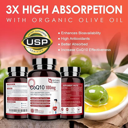 NATURE TARGET CoQ10-100mg-Softgels with 10mg PQQ Coenzyme-Q10 with 120 Servings