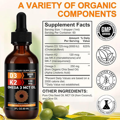 Vitamin D3 5000 IU & K2 (MK-7) 120 mcg 60ml Drops with MCT Oil Omega 3, Liquid Vitamin D3 & K2 Supplements - 2 Months Supply -Supports Bones, Teeth, Mood & Immune System, Calcium Absorption