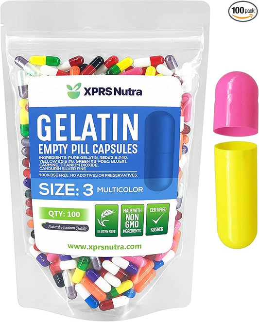 XPRS Nutra Size 3 Empty Capsules - 100 Count Empty Gelatin Capsules - Empty Pill Capsules - DIY Capsule Filling - Pure Bovine Pill Capsules Empty Gel Caps (Multi Color)