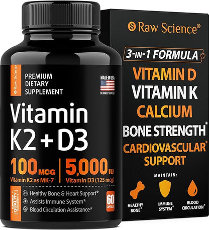 Vitamin D3 K2 Calcium Supplement 5000 IU K2 MK7 MK7 100 100 mcg 60 Capsules