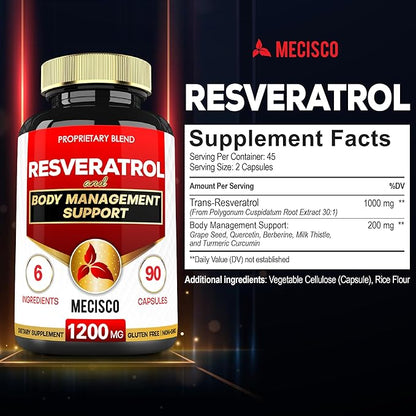 Trans Resveratrol Supplement with Grape Seed, 1000mg Organic 6 Herbal 90 Capsules