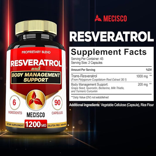 Trans Resveratrol Supplement with Grape Seed, 1000mg Organic 6 Herbal 90 Capsules