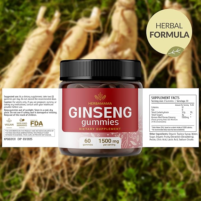 HERBAMAMA Korean Red Ginseng Gummies 1500 mg 60 Strawberry-Flavored