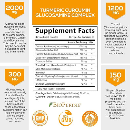 Turmeric Curcumin with BioPerine, Ginger & 95% Curcuminoids 2000mg Black 60 Capsules