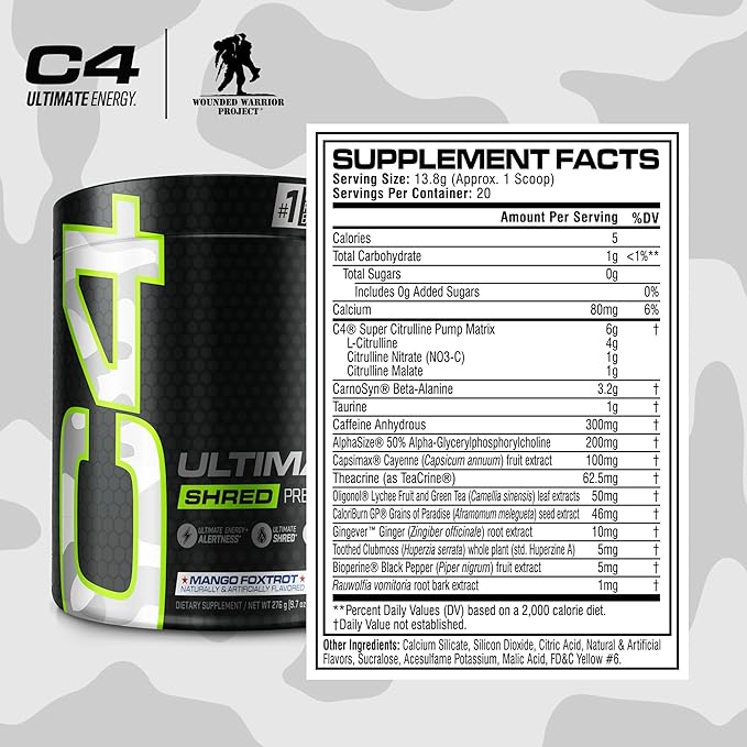 Cellucor C4 Ultimate Shred x Wounded Warrior Project Pre Workout Powder, Fat Burner for Men & Women, Weight Loss Supplement with Ginger Root Extract, Mango Foxtrot, 20 Servings (Pack of 1)