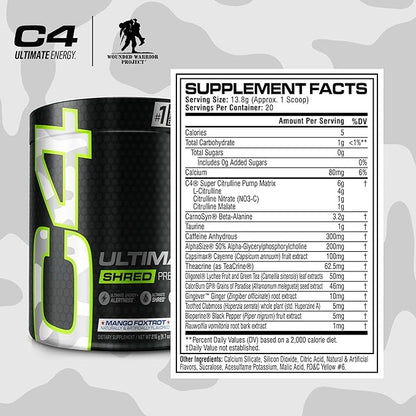 Cellucor C4 Ultimate Shred x Wounded Warrior Project Pre Workout Powder, Fat Burner for Men & Women, Weight Loss Supplement with Ginger Root Extract, Mango Foxtrot, 20 Servings (Pack of 1)