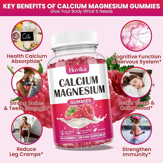 Calcium Magnesium Zinc Gummies, Calcium Magnesium 2:1 Ratio D3, K2, K2, B6, B6, B12 B12 for 60 Gummies
