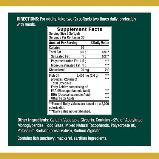 Nature's Bounty Fish Oil, 1200mg, 360mg Omega-3, 60 60 Odorless