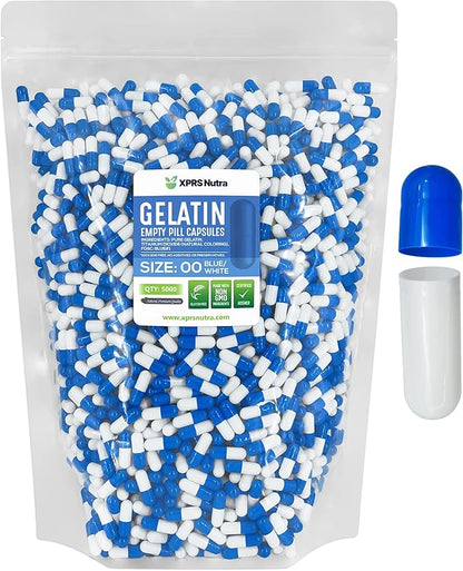 XPRS Nutra Size 00 Empty Capsules - 5000 Count Empty Gelatin Capsules - Empty Pill Capsules - DIY Capsule Filling - Fillable Pill Capsules Empty Gel Caps (Blue/White)