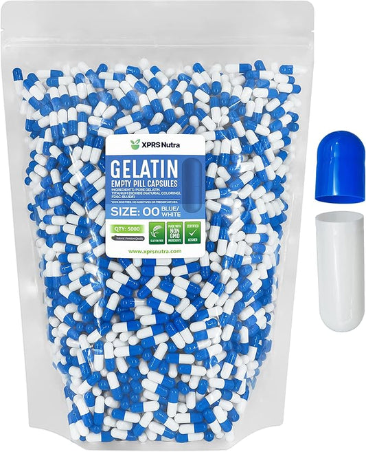 XPRS Nutra Size 00 Empty Capsules - 5000 Count Empty Gelatin Capsules - Empty Pill Capsules - DIY Capsule Filling - Fillable Pill Capsules Empty Gel Caps (Blue/White)