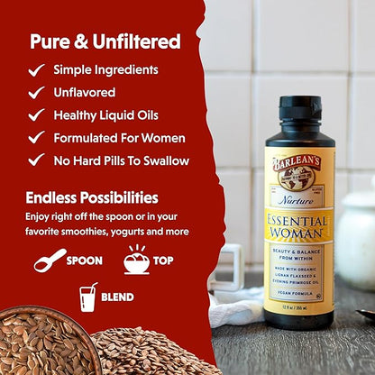 Barlean's Essential Woman Liquid Supplement for Women, Organic Flaxseed, Evening Primrose Oil & Soy Isoflavones, Omega 3 6 9 and GLA, Hormonal Balance & Healthy Hair and Skin, 12 oz