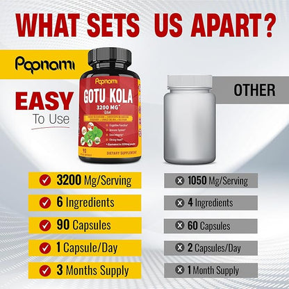 Organic Gotu Kola Extract Capsules 3200Mg with 90 Counts 3 Months