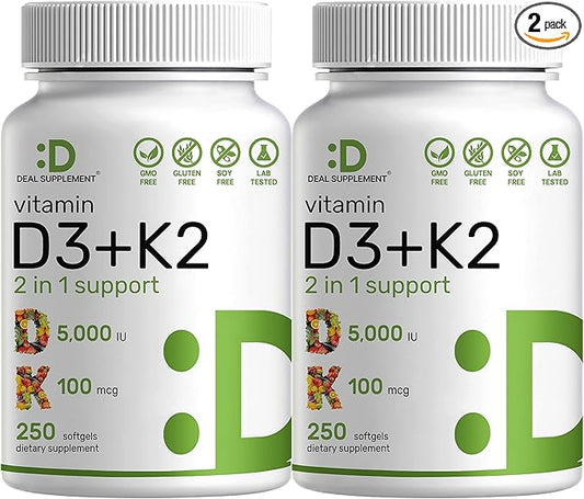 DEAL SUPPLEMENT 2 Pack Vitamin D3 5,000 IU + K2 MK7 Softgels, 500 Count | 2-in-1 Complex | Supports Heart, Bone, Teeth & Immune Health | Easy to Swallow